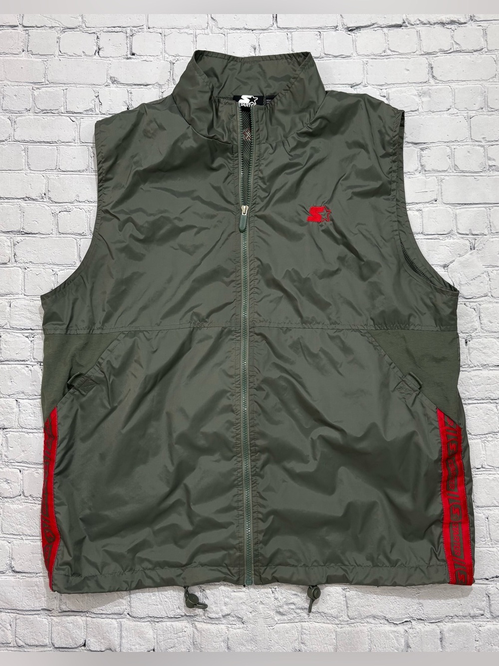 VTG 90s Starter Nylon Windbreaker Vest Mens L Olive Green Full Zip Sleeveless